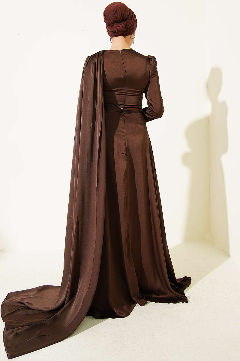 Satin Evening Dress with Shoulder Cape - Brown