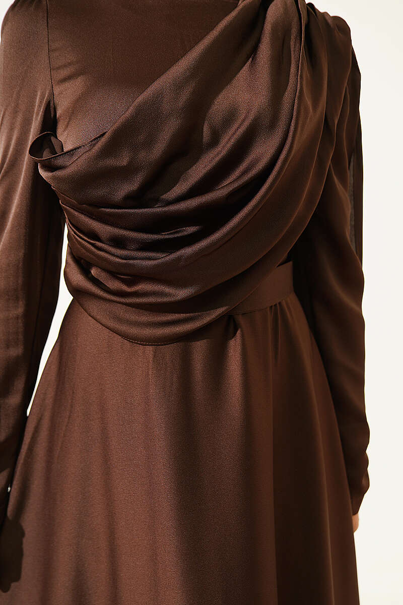 Satin Evening Dress with Shoulder Cape - Brown