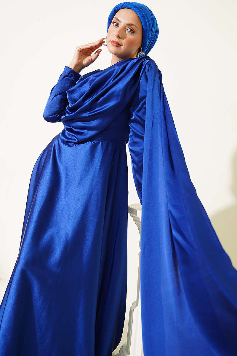 Satin Evening Dress with Shoulder Cape - Saxe Blue