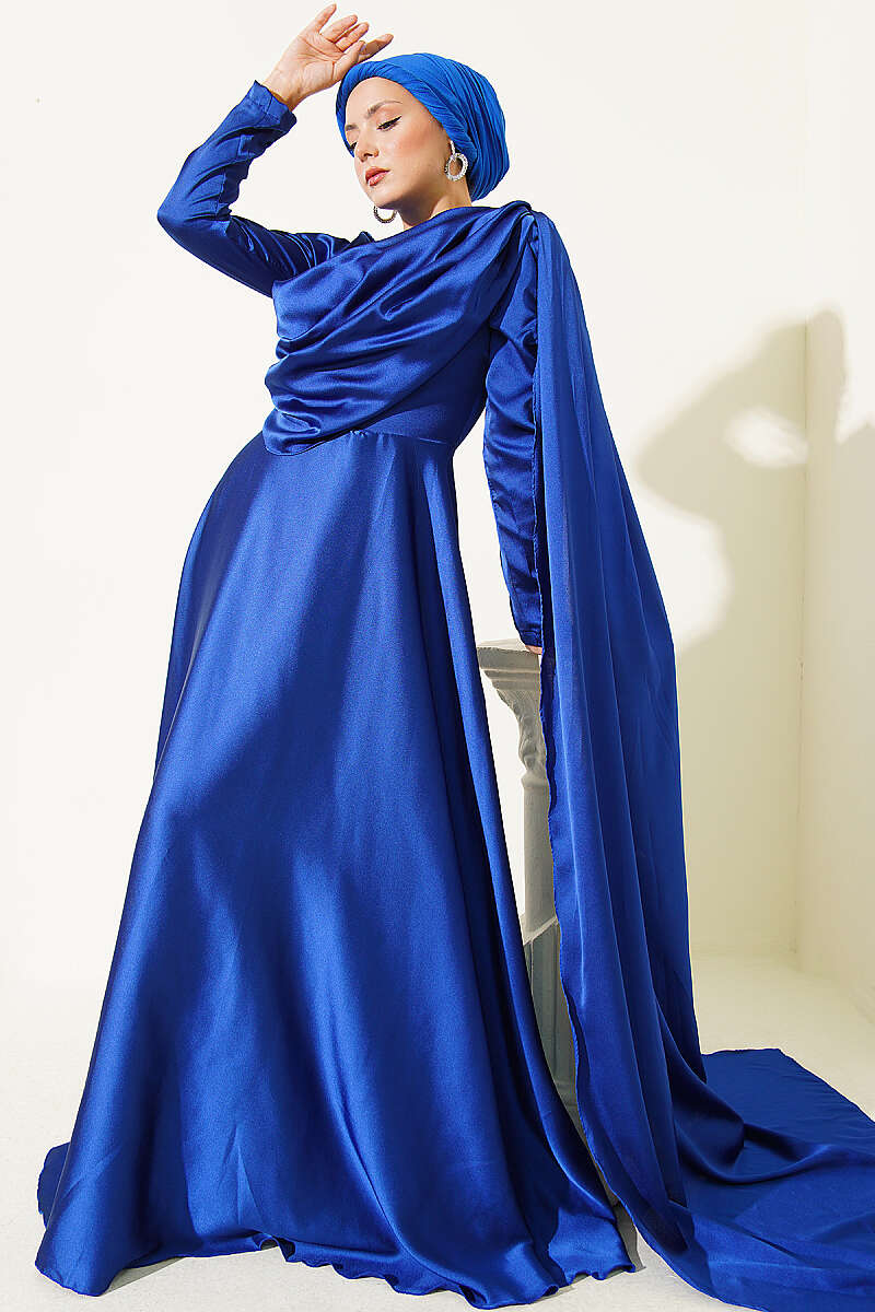 Satin Evening Dress with Shoulder Cape - Saxe Blue