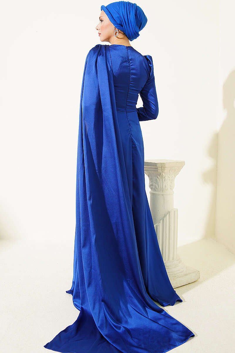 Satin Evening Dress with Shoulder Cape - Saxe Blue