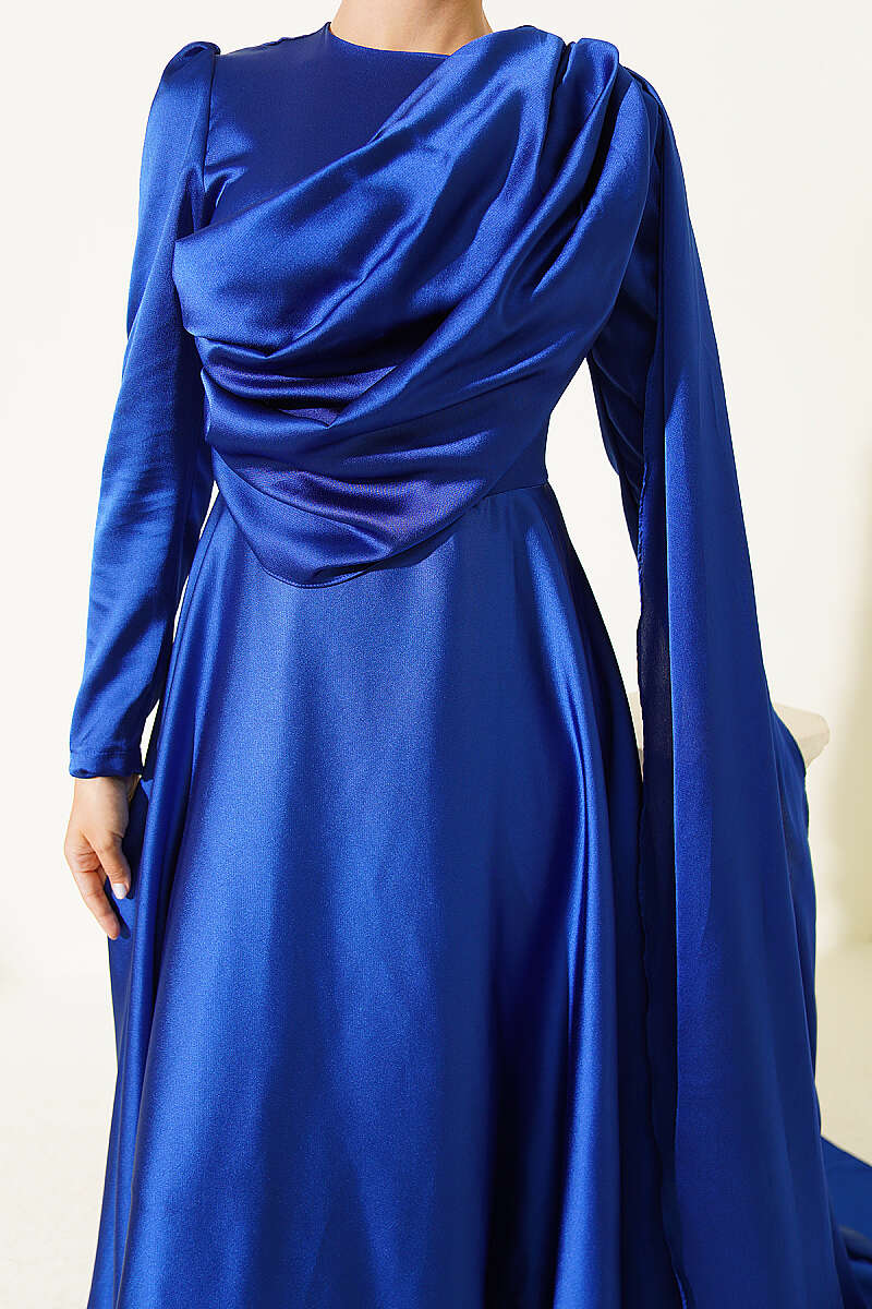 Satin Evening Dress with Shoulder Cape - Saxe Blue