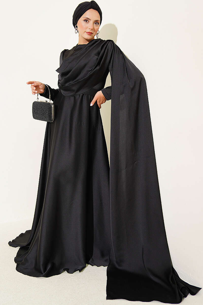 Satin Evening Dress with Shoulder Cape - Black