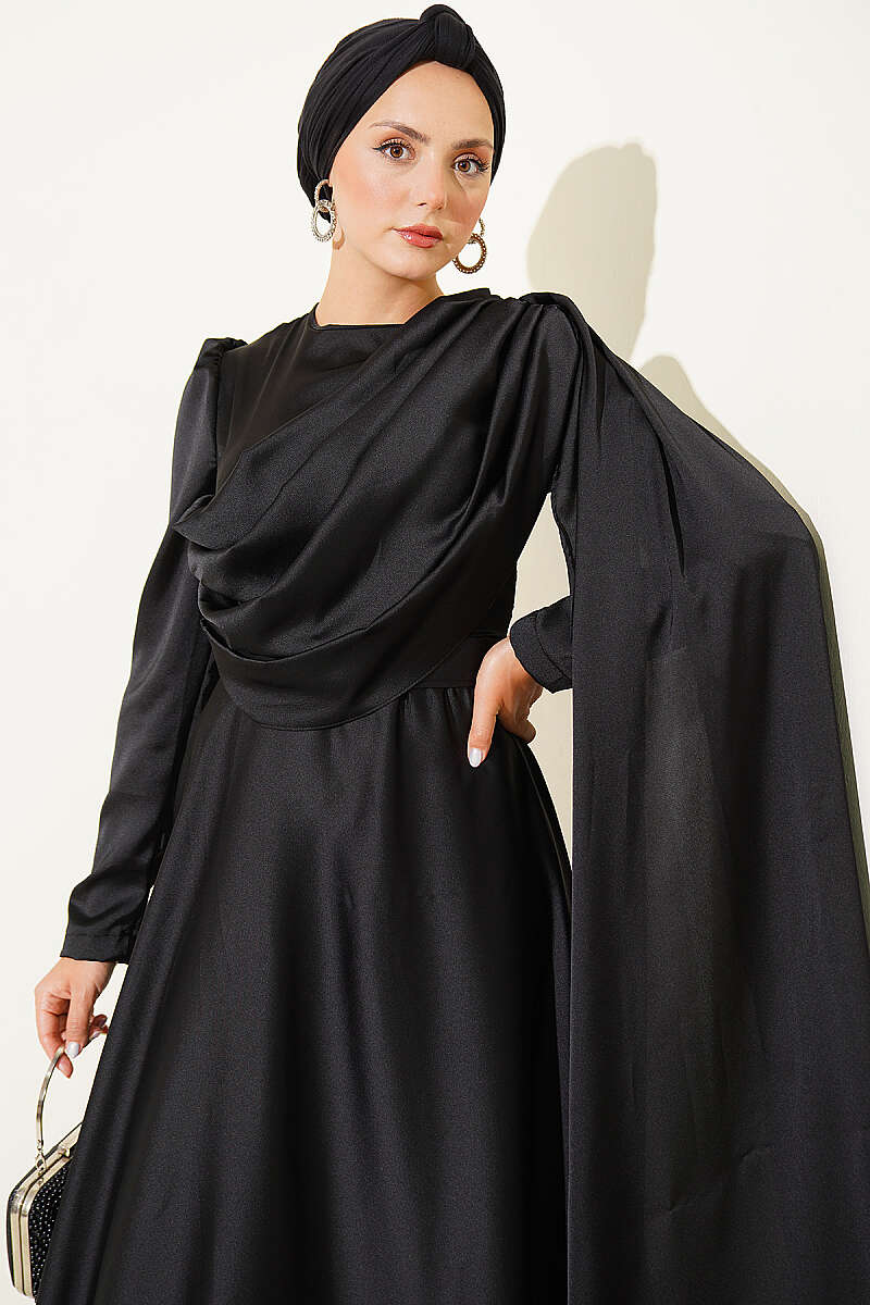 Satin Evening Dress with Shoulder Cape - Black