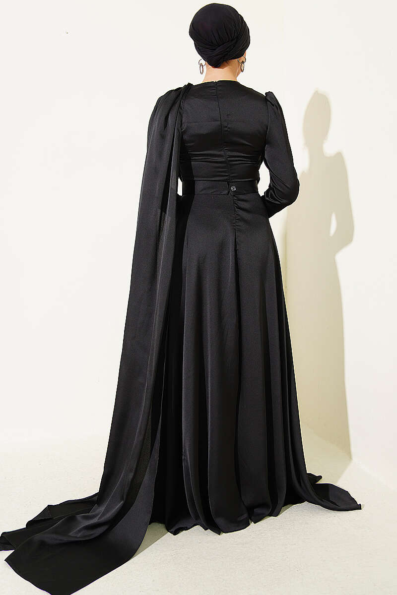 Satin Evening Dress with Shoulder Cape - Black
