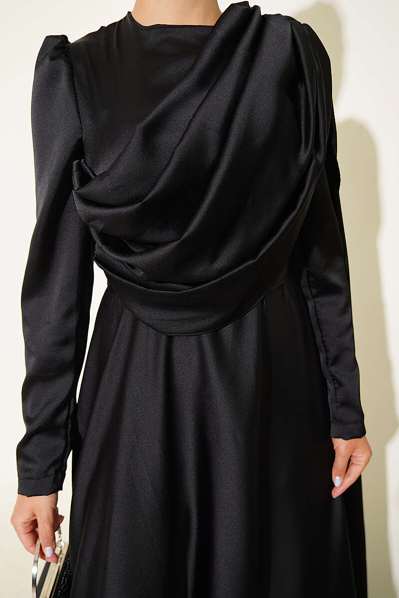 Satin Evening Dress with Shoulder Cape - Black