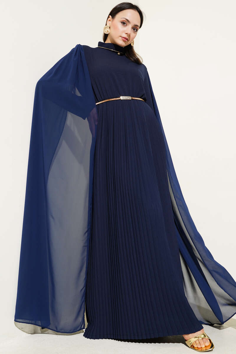 Dress with Chiffon Shoulder Cape - Navy