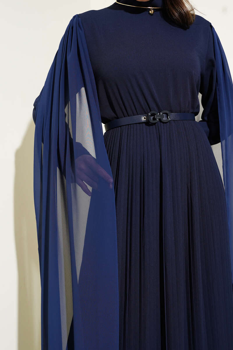 Dress with Chiffon Shoulder Cape - Navy