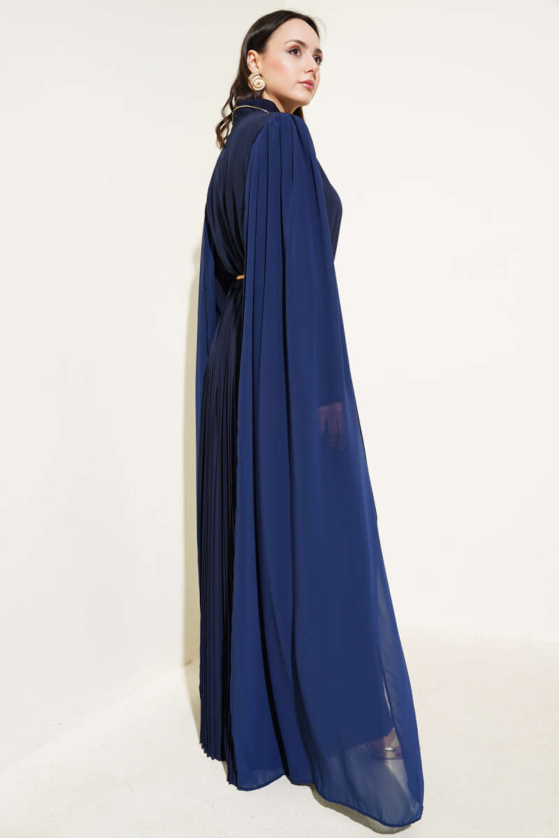 Dress with Chiffon Shoulder Cape - Navy