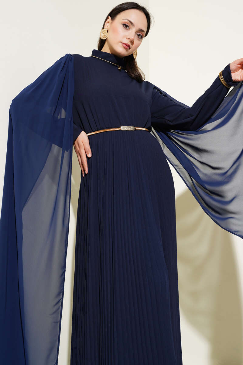 Dress with Chiffon Shoulder Cape - Navy