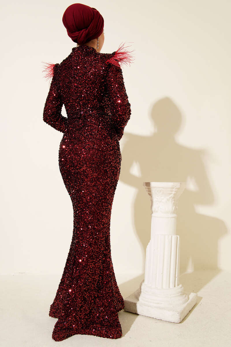 Sequin Evening Dress with Feather Shoulders - Burgundy