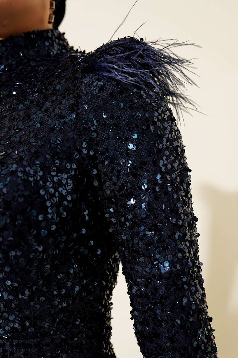 Sequin Evening Dress with Feather Shoulders - Navy