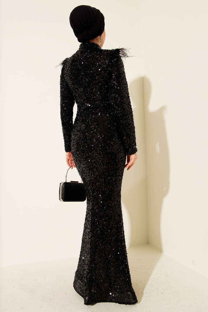 Sequin Evening Dress with Feather Shoulders - Black