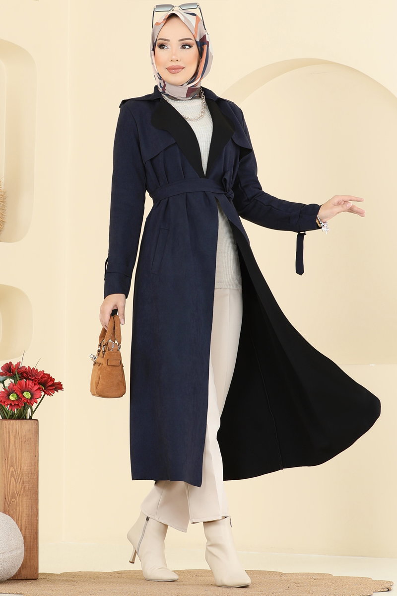 Suede Cape Coat with Epaulettes - Navy