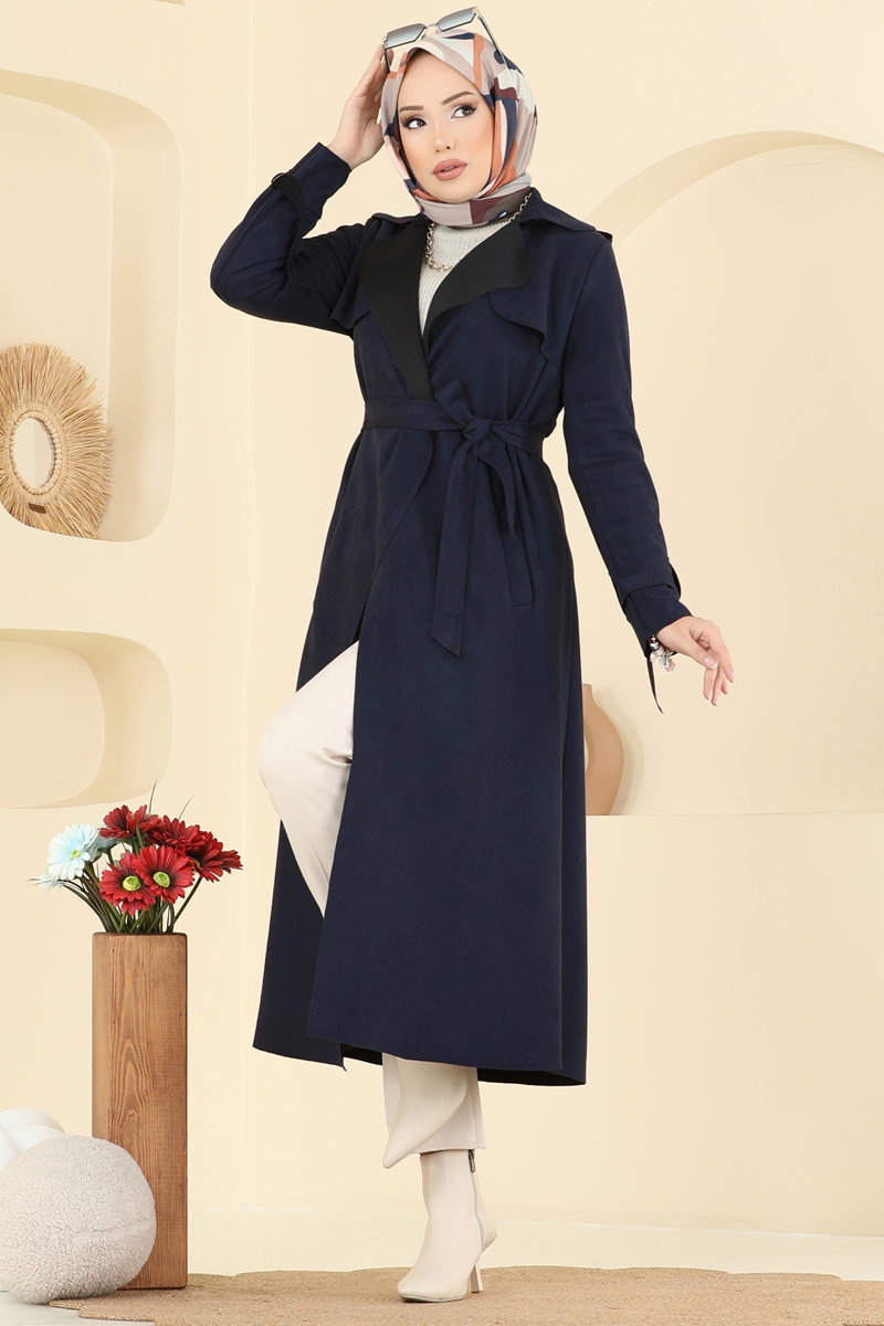Suede Cape Coat with Epaulettes - Navy