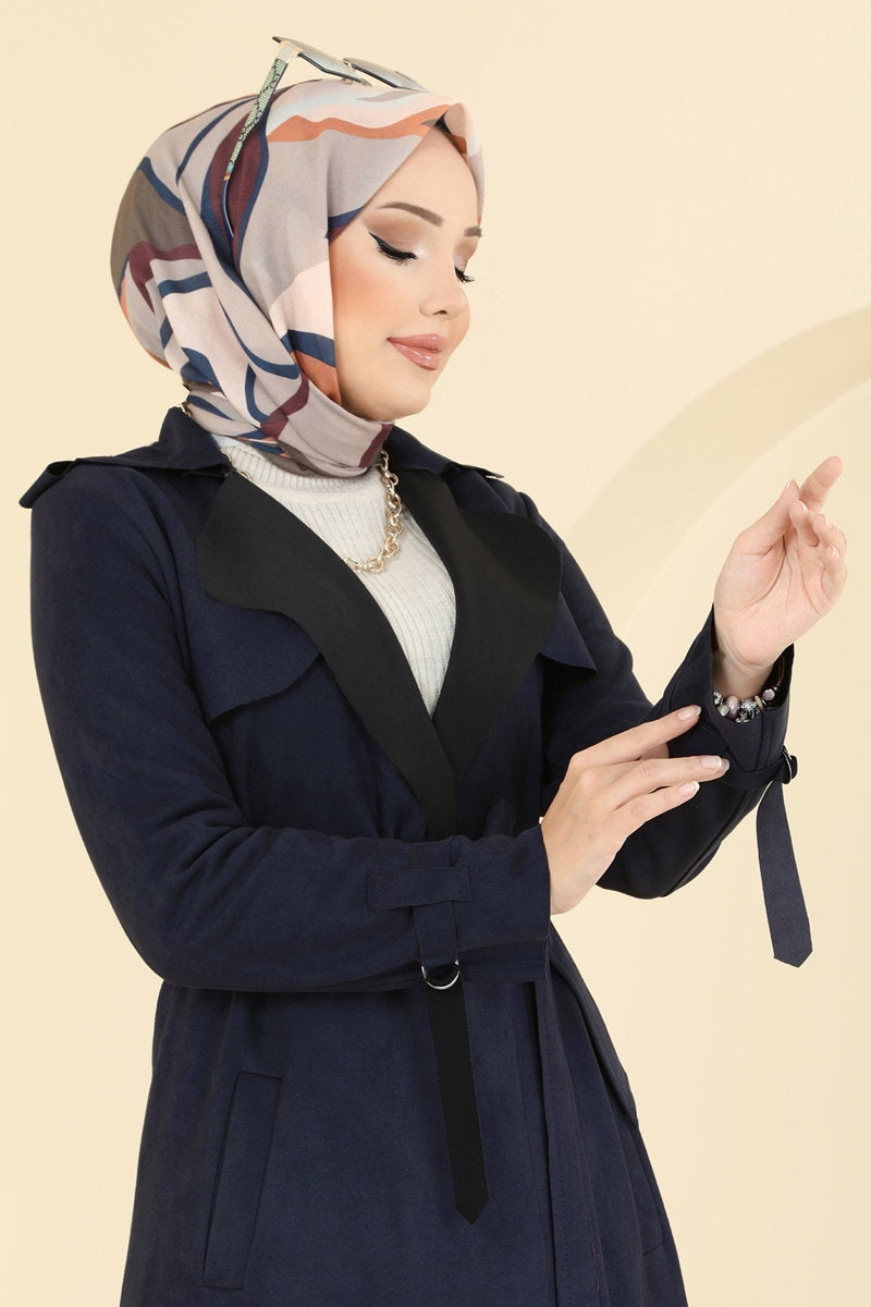 Suede Cape Coat with Epaulettes - Navy