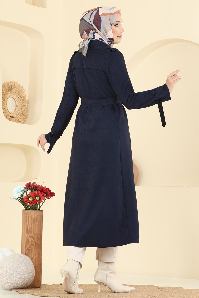 Suede Cape Coat with Epaulettes - Navy