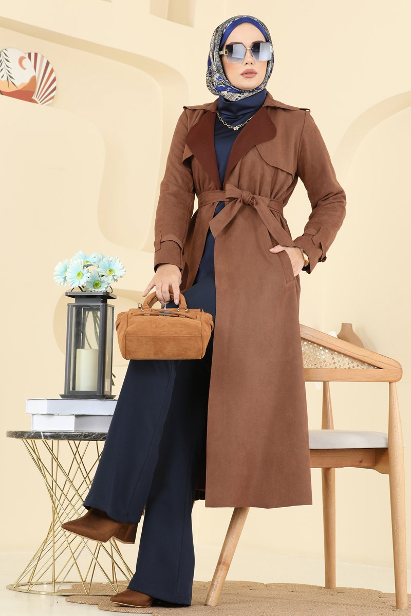 Suede Cape Coat with Epaulettes - Tan