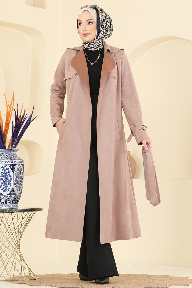 Suede Cape Coat with Epaulettes - Mink