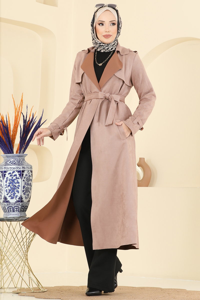 Suede Cape Coat with Epaulettes - Mink