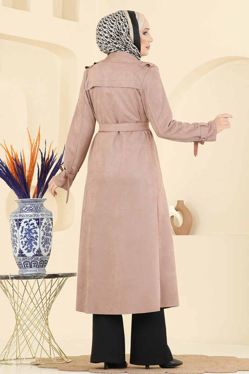Suede Cape Coat with Epaulettes - Mink