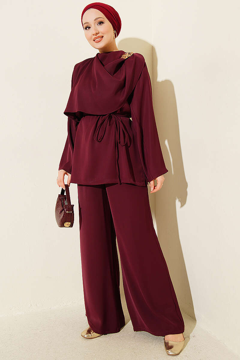 Two-Piece Set with Shoulder Scarf Detail - Burgundy