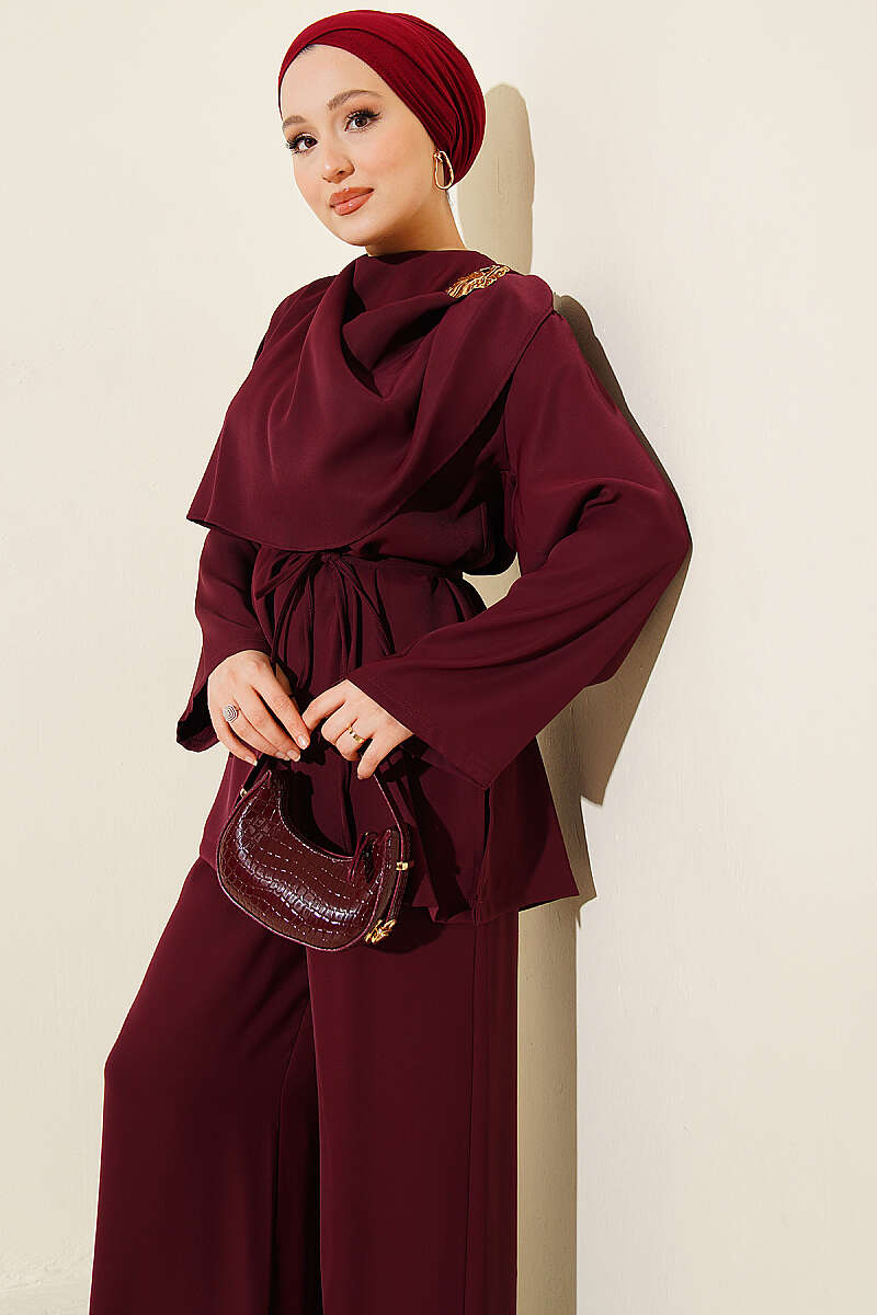 Two-Piece Set with Shoulder Scarf Detail - Burgundy