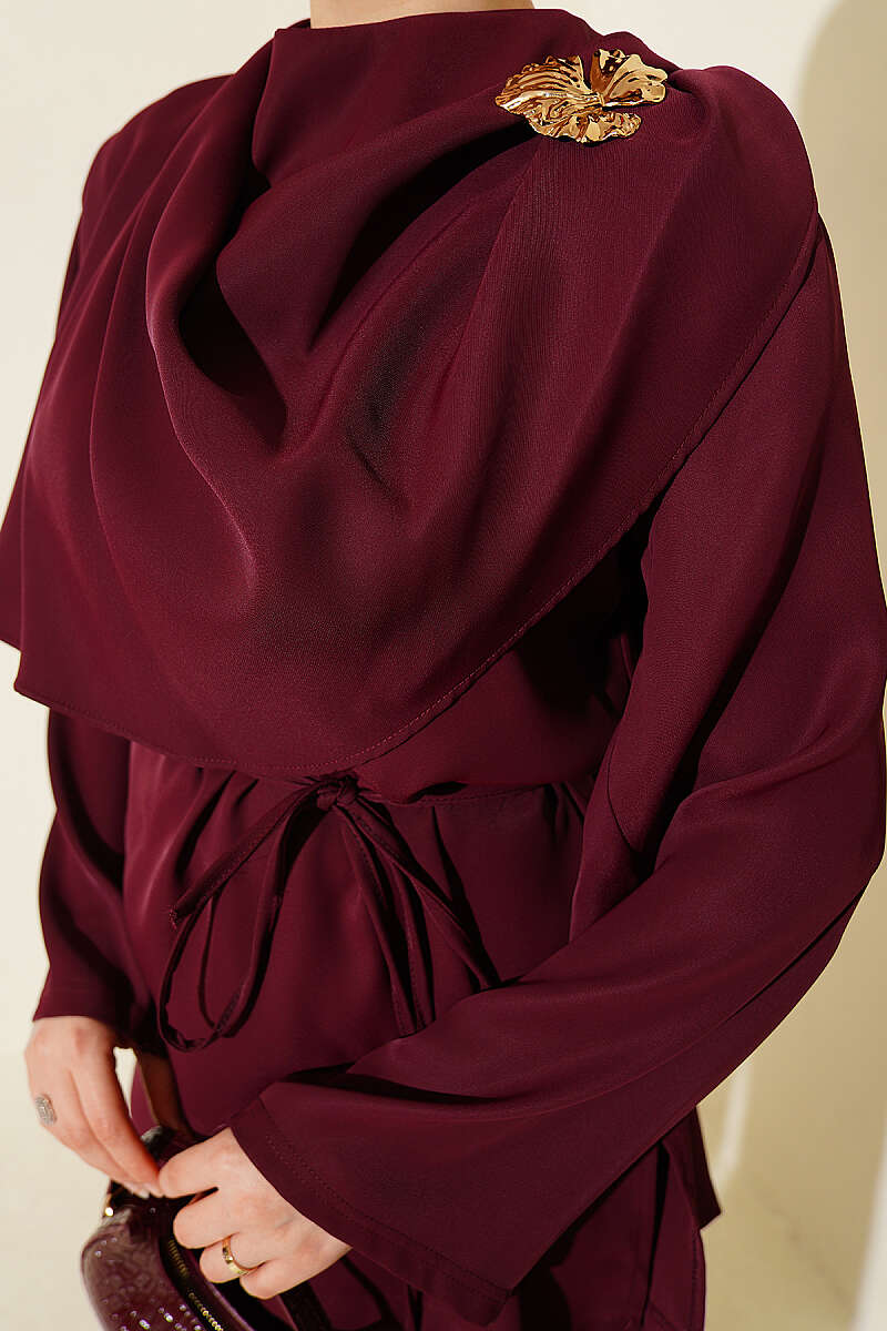 Two-Piece Set with Shoulder Scarf Detail - Burgundy