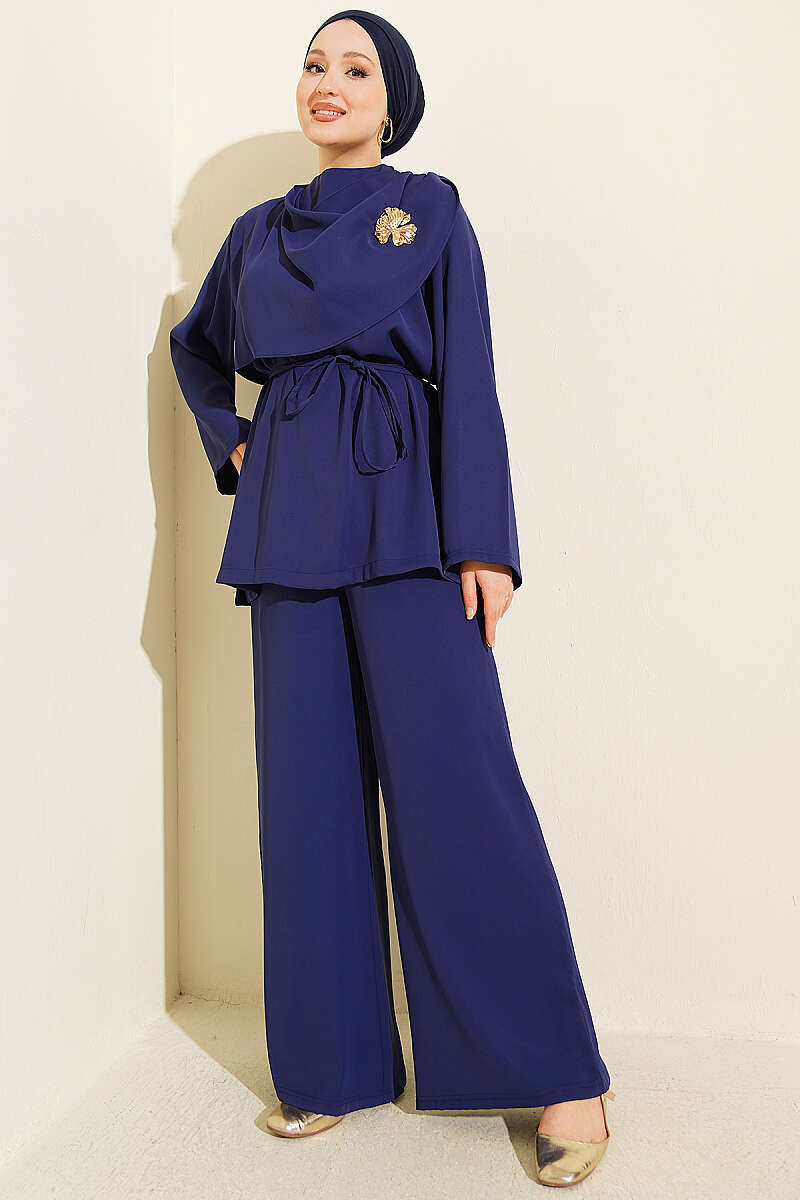 Two-Piece Set with Shoulder Scarf Detail - Navy