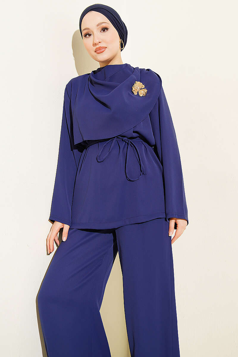 Two-Piece Set with Shoulder Scarf Detail - Navy