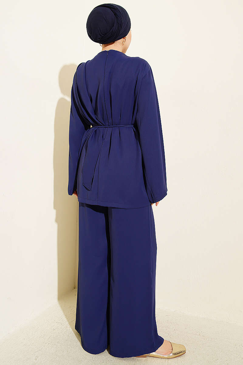 Two-Piece Set with Shoulder Scarf Detail - Navy
