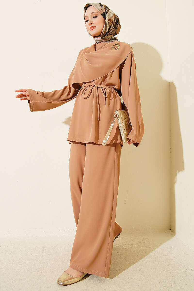 Two-Piece Set with Shoulder Scarf Detail - Latte