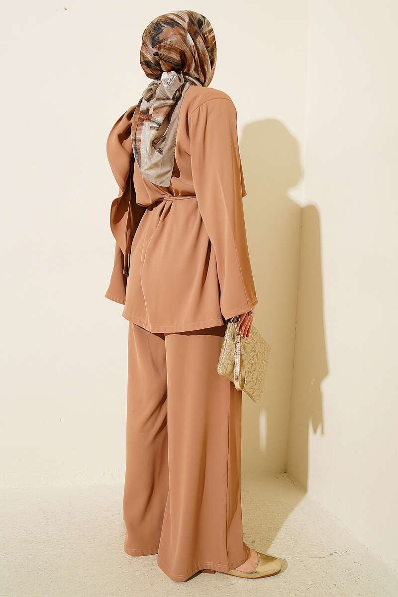 Two-Piece Set with Shoulder Scarf Detail - Latte