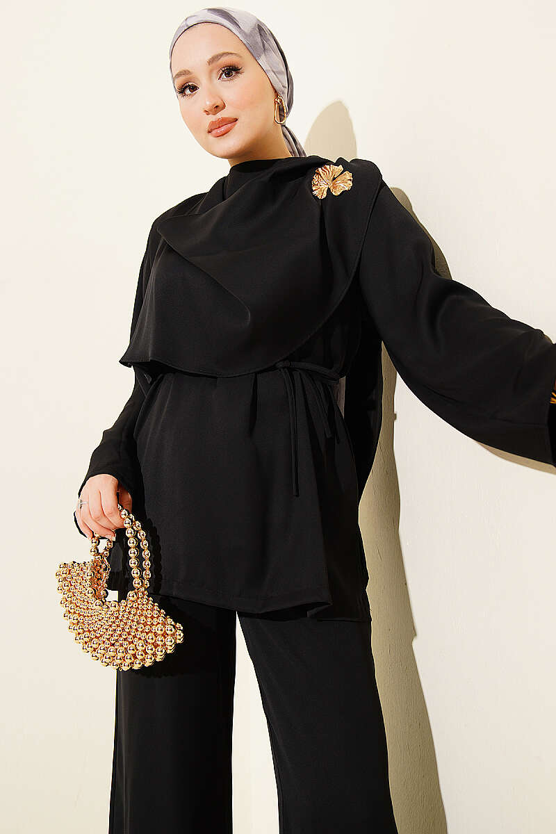 Two-Piece Set with Shoulder Scarf Detail - Black