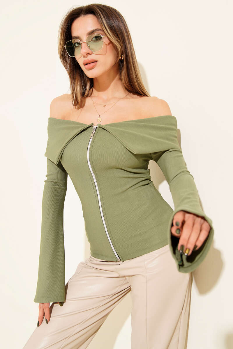 Off-Shoulder Zip Blouse - Almond Green