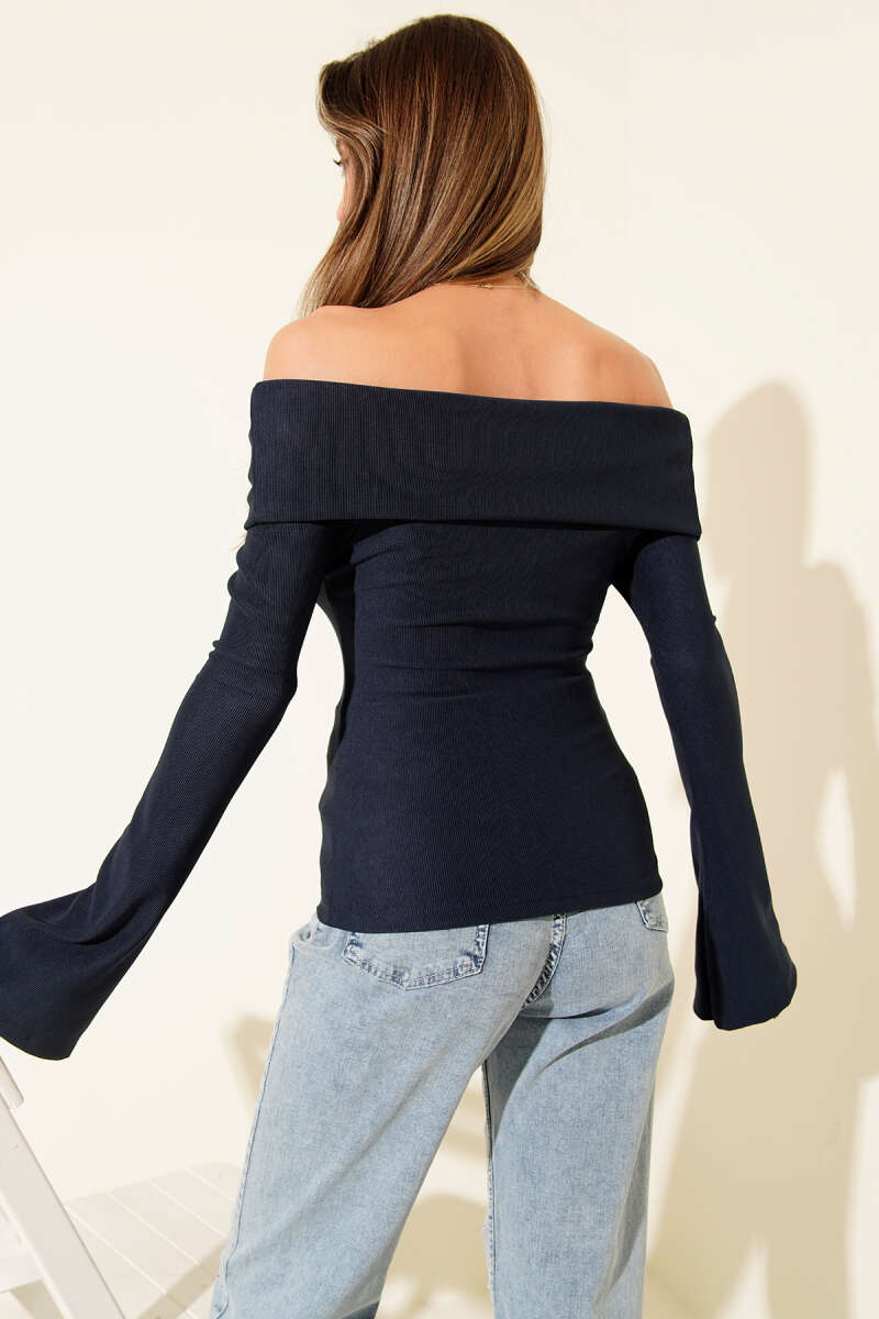 Off-Shoulder Zip Blouse - Navy