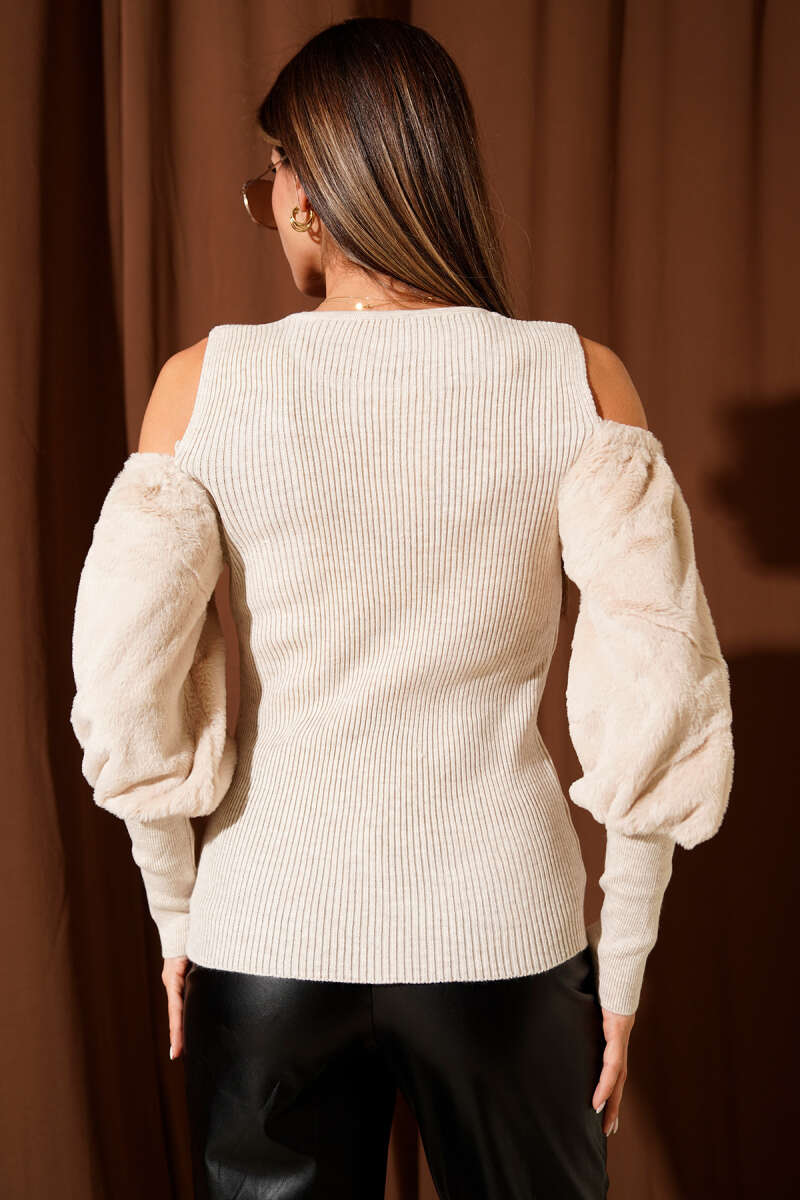 Off-Shoulder Fluffy Sweater - Beige