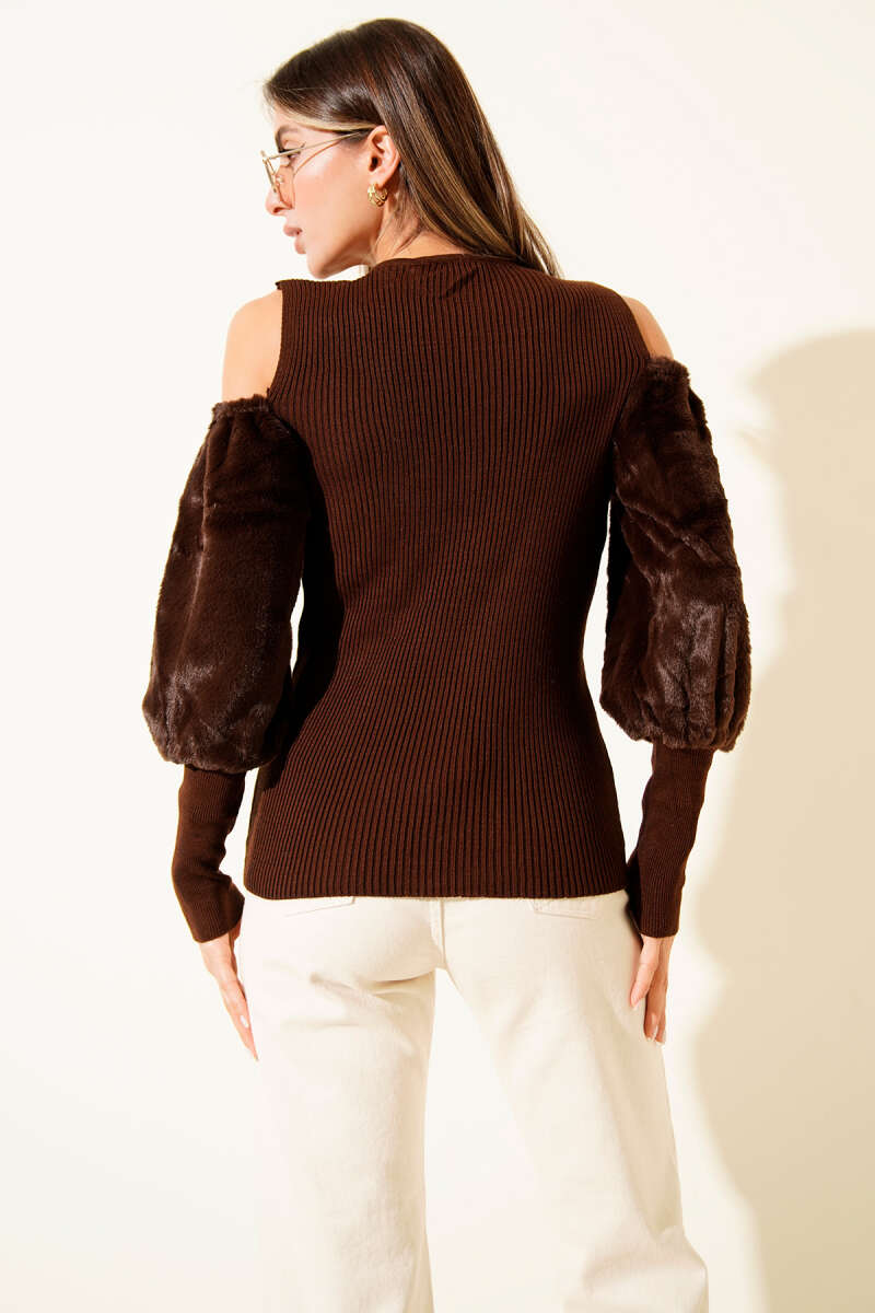 Off-Shoulder Fluffy Sweater - Brown