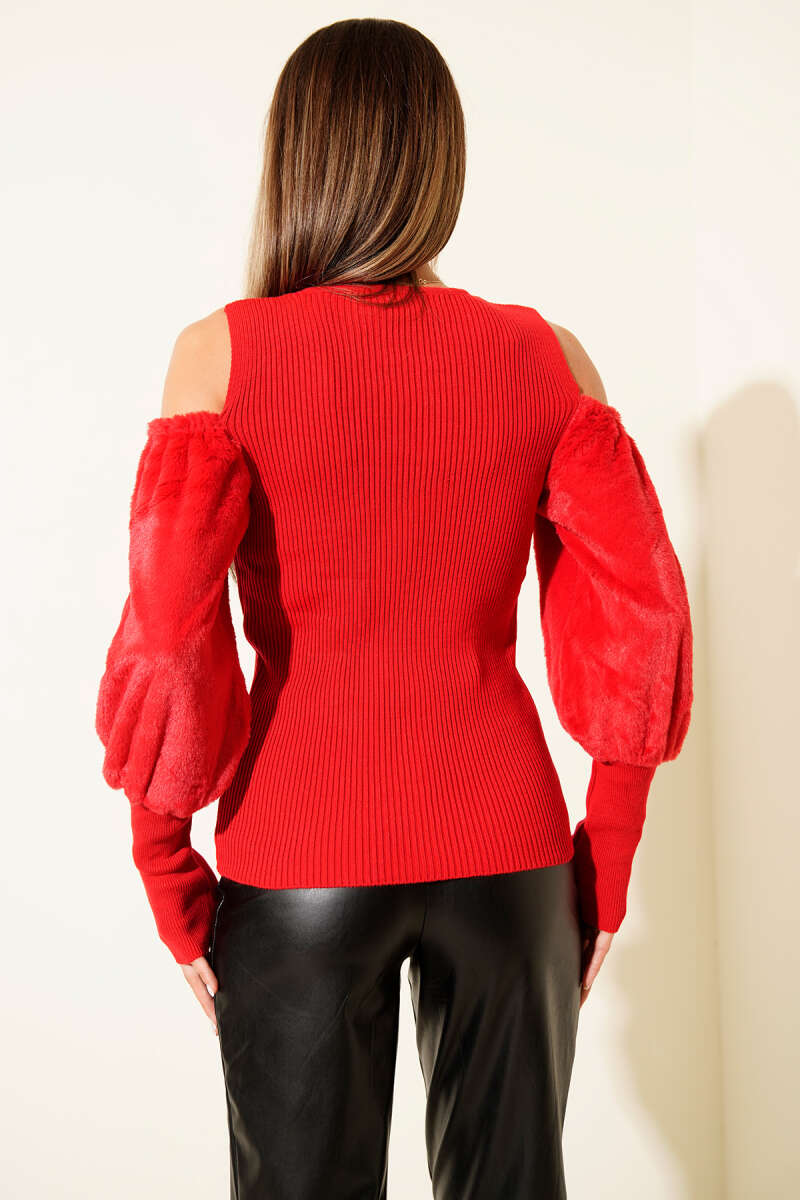 Off-Shoulder Fluffy Sweater - Red