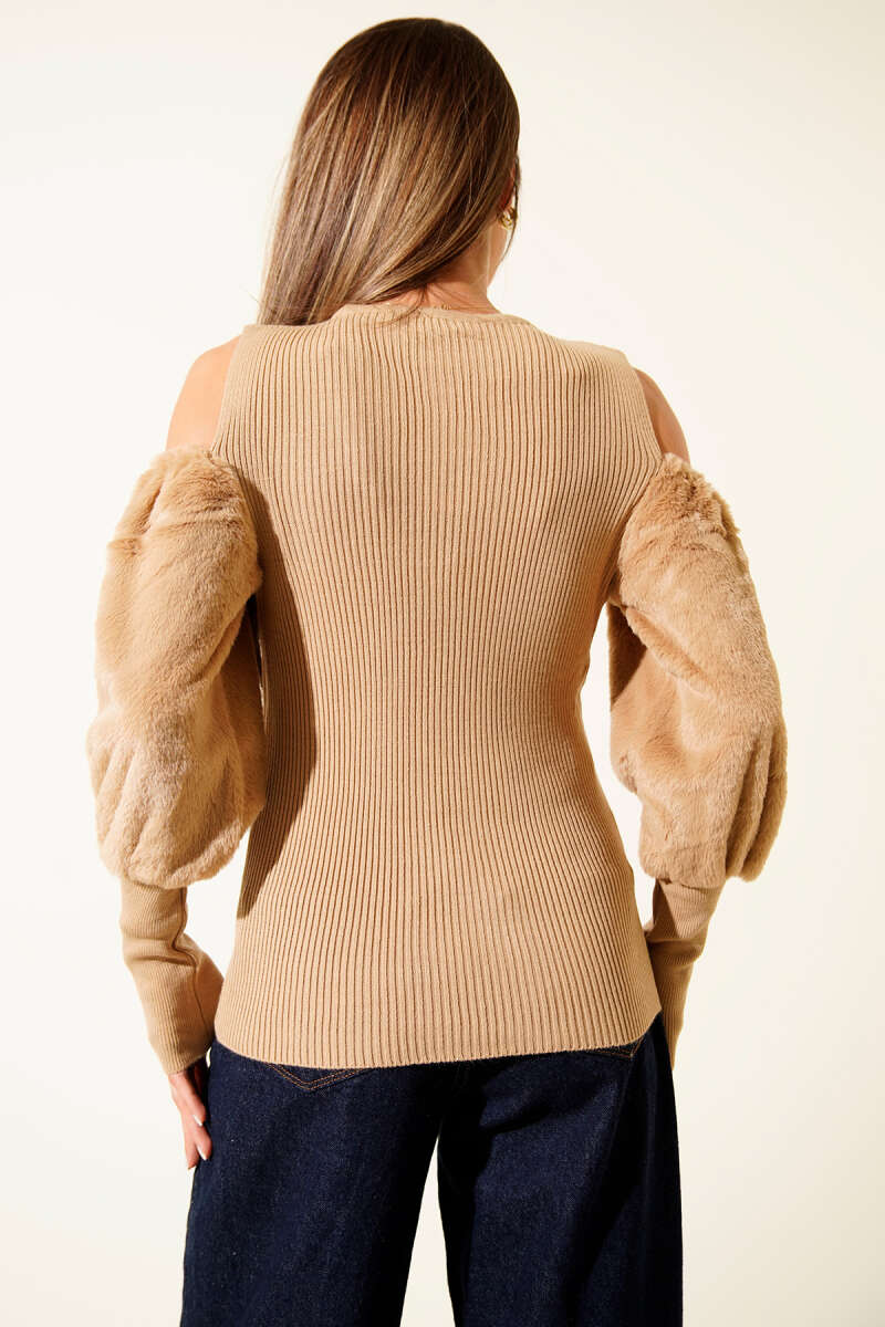 Off-Shoulder Fluffy Sweater - Latte