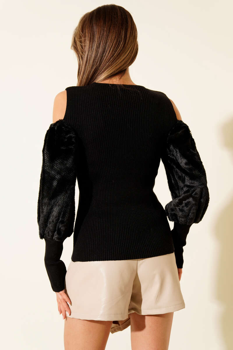 Off-Shoulder Fluffy Sweater - Black