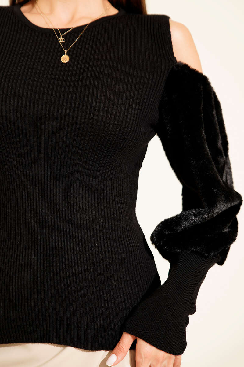 Off-Shoulder Fluffy Sweater - Black