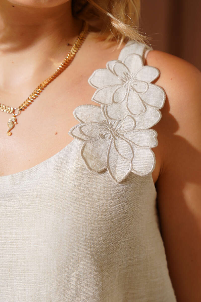 Two-Piece Set with Floral Shoulder Detail - Stone