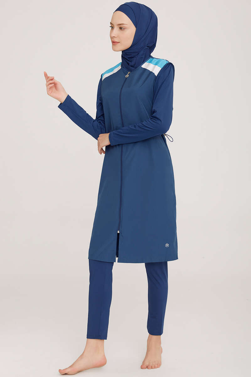 Modest Swimsuit with Shoulder Stripe - Light Navy