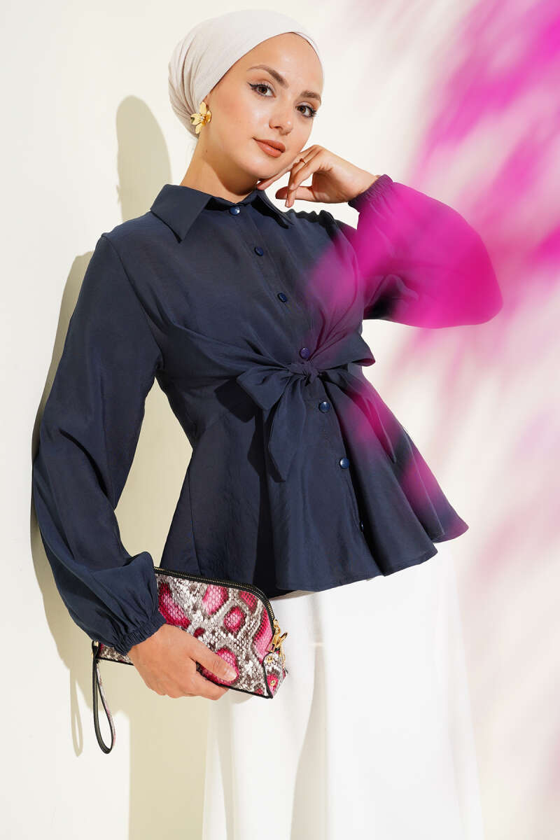 Tie-Front Tunic with Elastic Cuffs - Navy