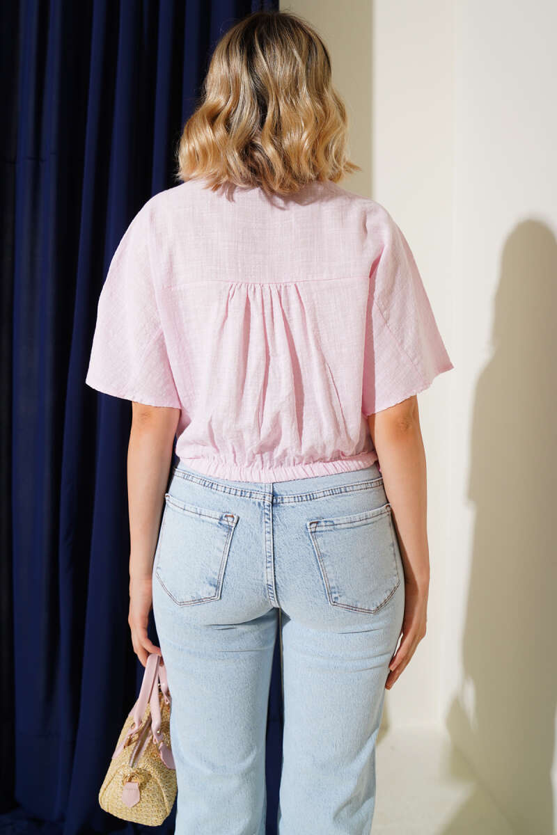 Tie-Front Elastic Shirt - Pink
