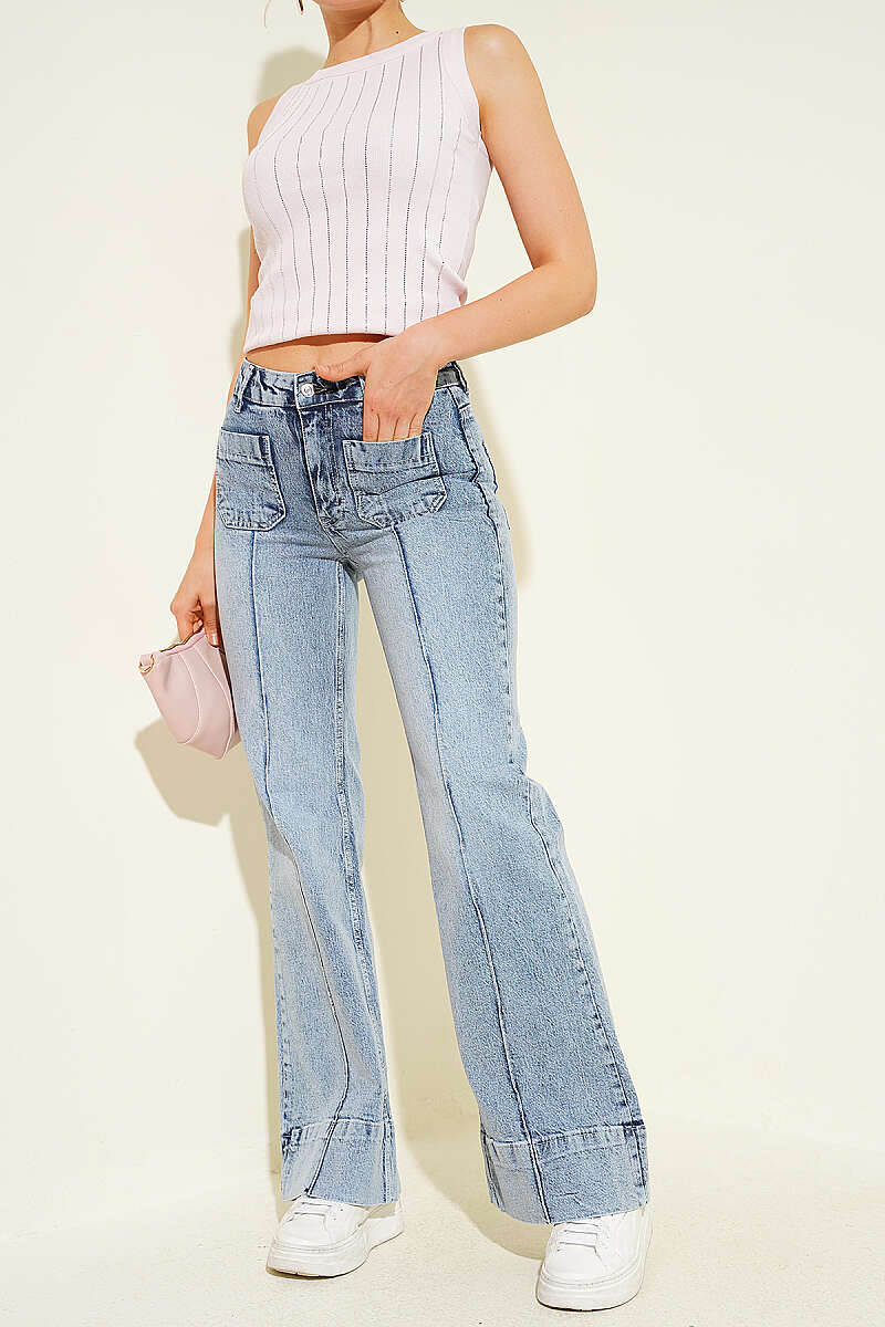 Topstitched Flared Jeans with Front Pockets - Light Blue