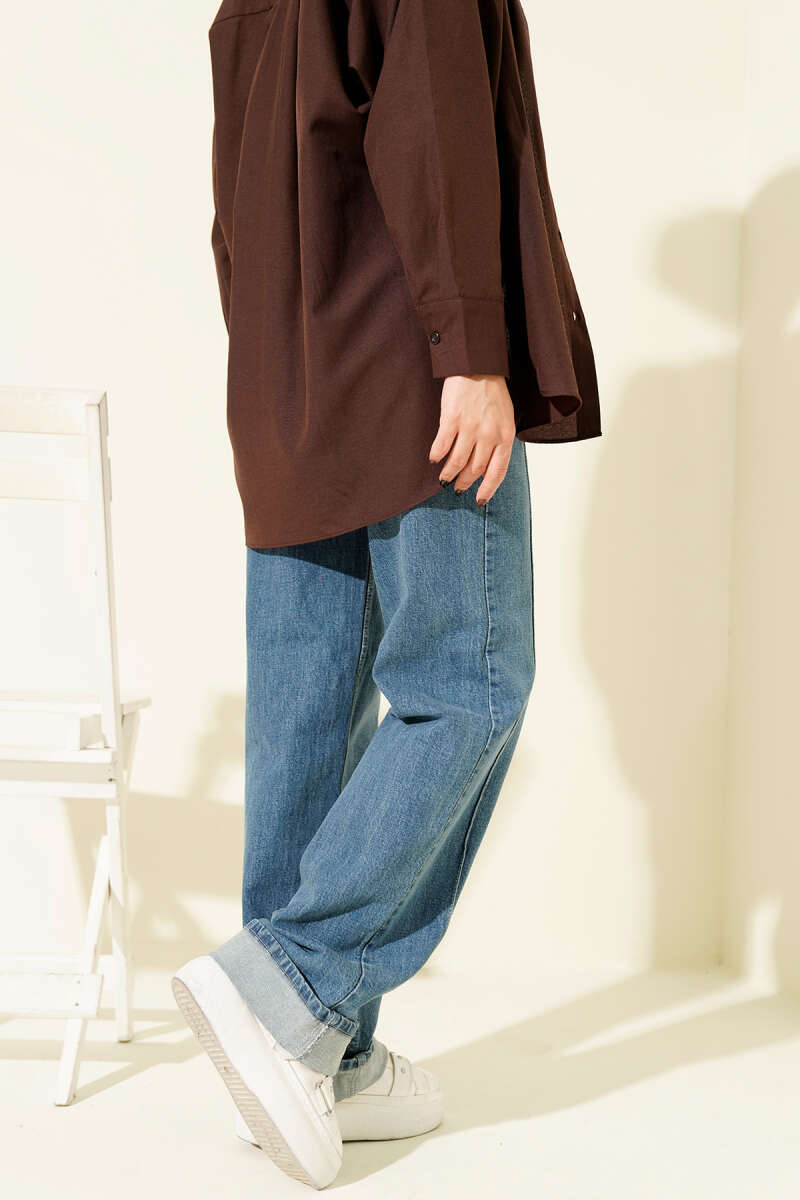 Denim Palazzo Pants with Front Seam - Light Blue