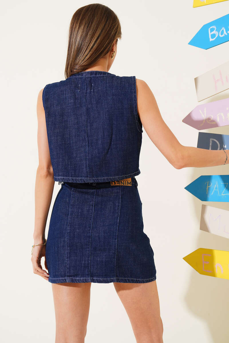 Button-Front Denim Two-Piece Set - Navy