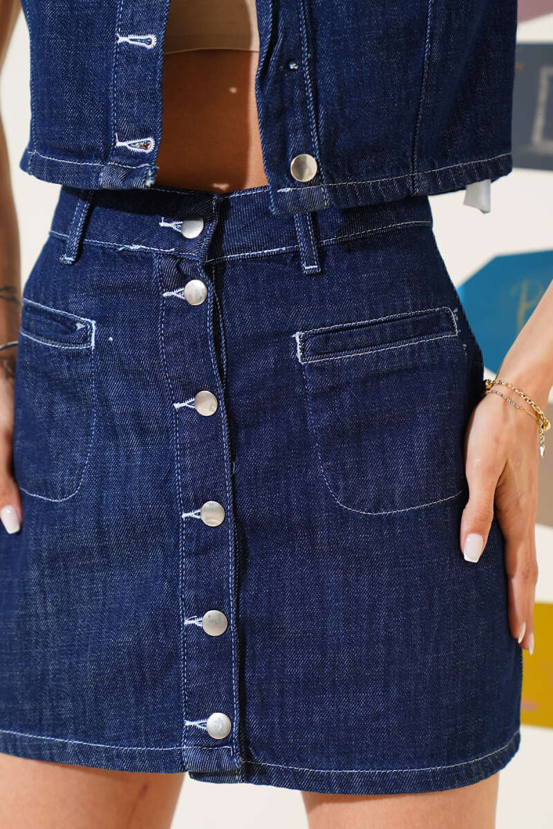 Button-Front Denim Two-Piece Set - Navy